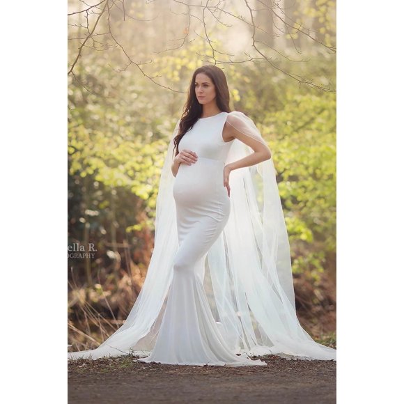 Women Flowy Cape Maternity Dress Tulle Mermaid Baby Shower Slim Fit Gown Long Chiffon Maxi Photography Dress for Photo Shoot(White-XL)
