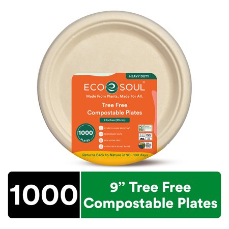 ECO SOUL 9 Inch Round [1000-Pack] Tree Free Compostable Plates I PFAS free, Heavy-Duty Eco-Friendly Dinner Plates I Biodegradable Sugarcane Eco Plates | Microwavable