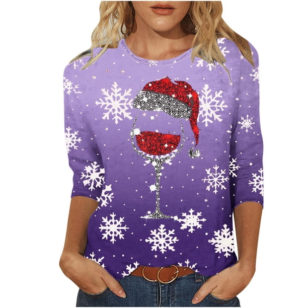 Fiudx Liquidación de Ofertas Flash Camiseta de Manga 3/4 con Cuello Redondo y Estampado Navideño para Mujer Top Tipo Jersey con Cuello Redondo Top/Camisa de Manga Larga con Cuello Redondo