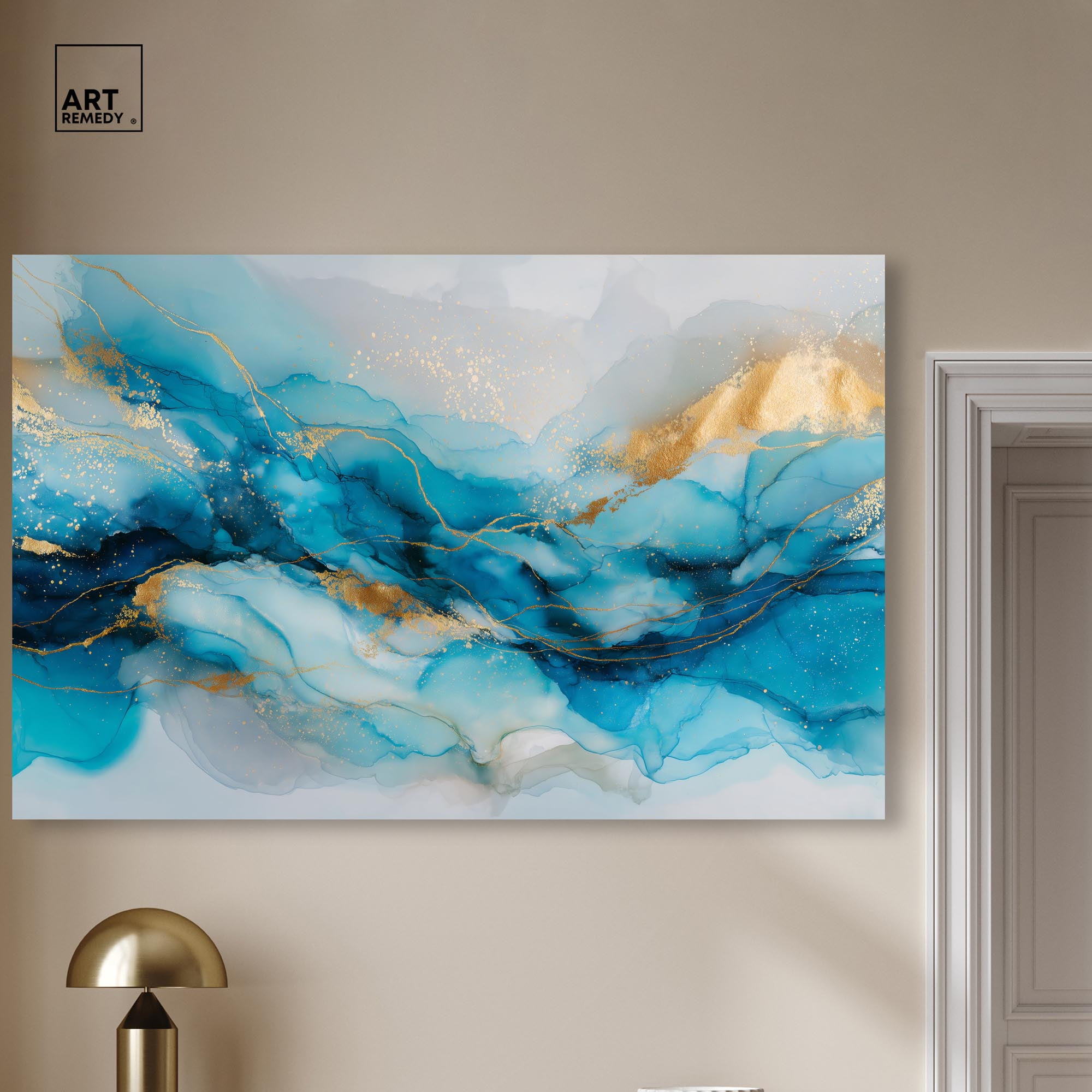 Ethereal Blue and Gold Canvas Abstract Wall Art by Art Remedy, Gallery Wrapped, 54 x 36