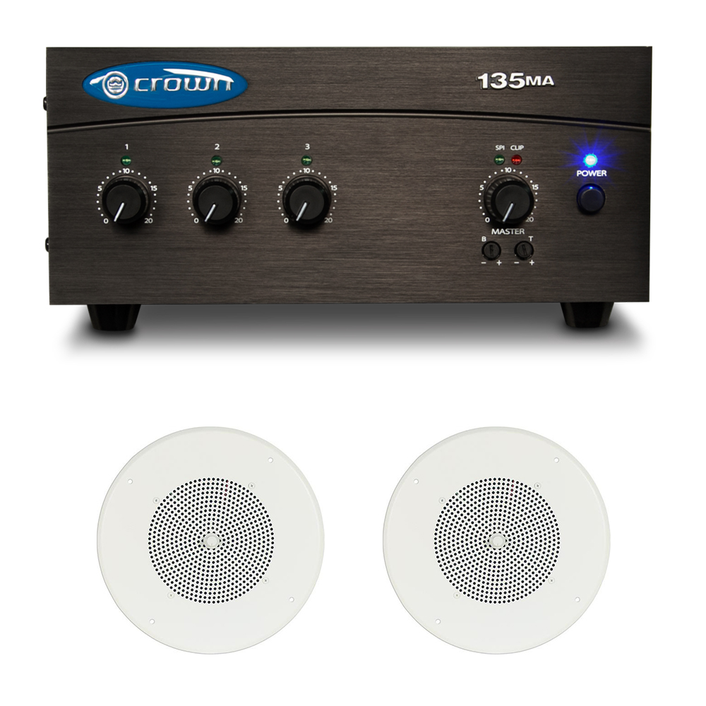 Crown Audio 135MA 3 x 1 35W Commercial Mixer/Amplifier Bundle with 2x