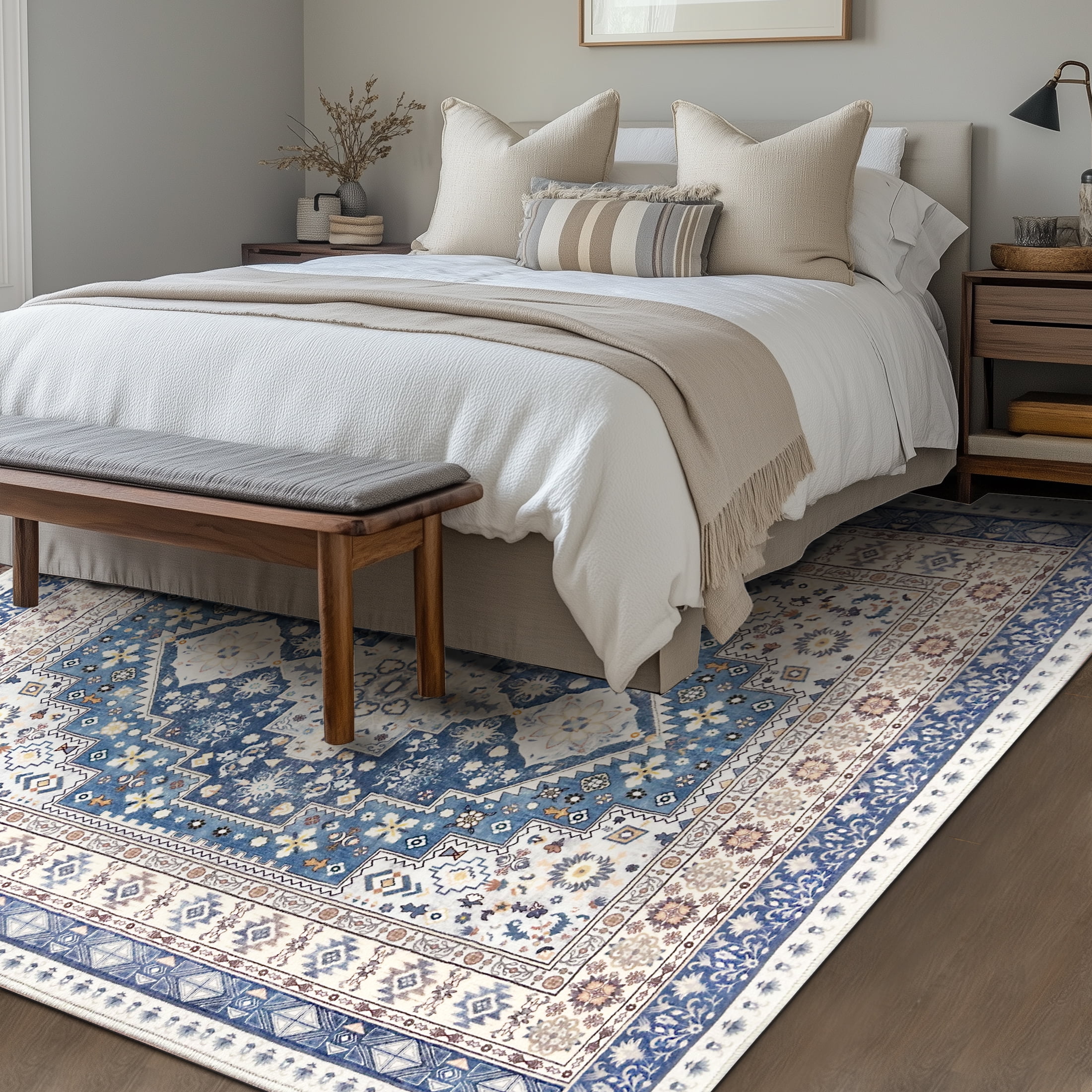 ARJINCUTE Vintage Distressed Bohemian Blue Large Area Rug 8' x 10' Non-Slip Washable Low Pile Floor Mat for Living Room, Family Room, Large Bedroom