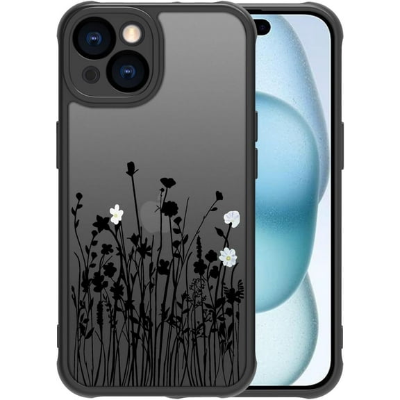for iPhone 13 Case Aesthetic Cute Black Floral Flower Pattern Case for Women Girls, Slim TPU Bumper Shockproof Protective Case for iPhone 13 6.1 Inch, Black Lavender
