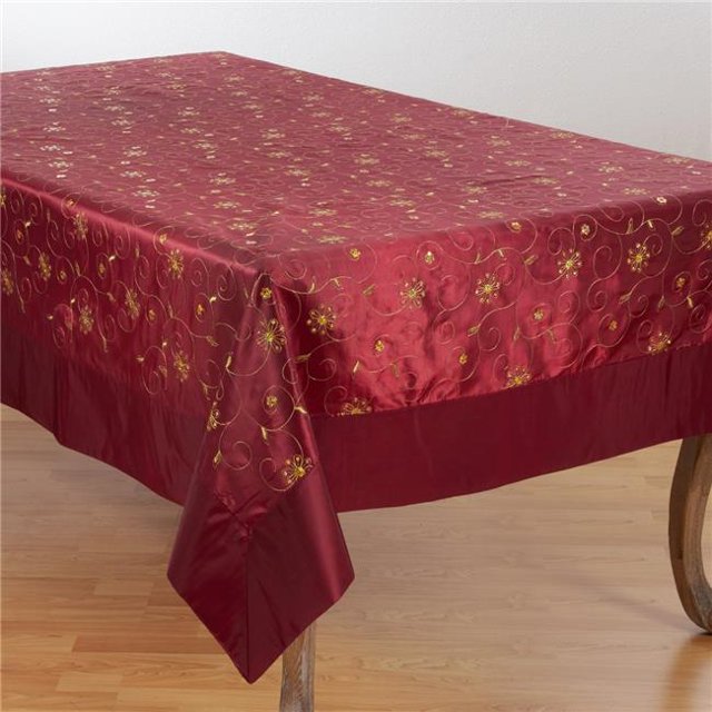 SARO XJ511.BU65104B Embroidered & Sequined Tablecloth Burgundy