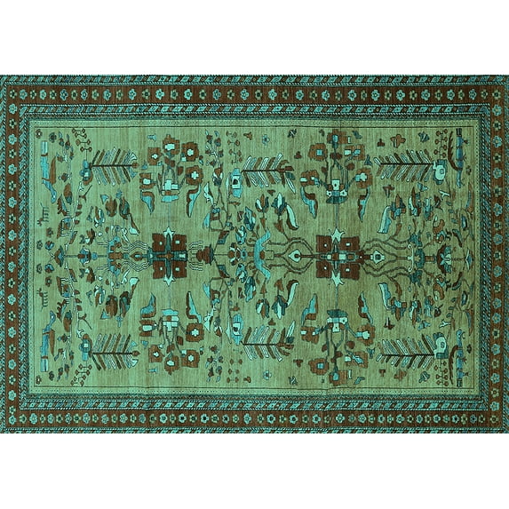 Ahgly Company Machine Washable Indoor Rectangle Oriental Turquoise Blue Industrial Area Rugs, 7' x 10'