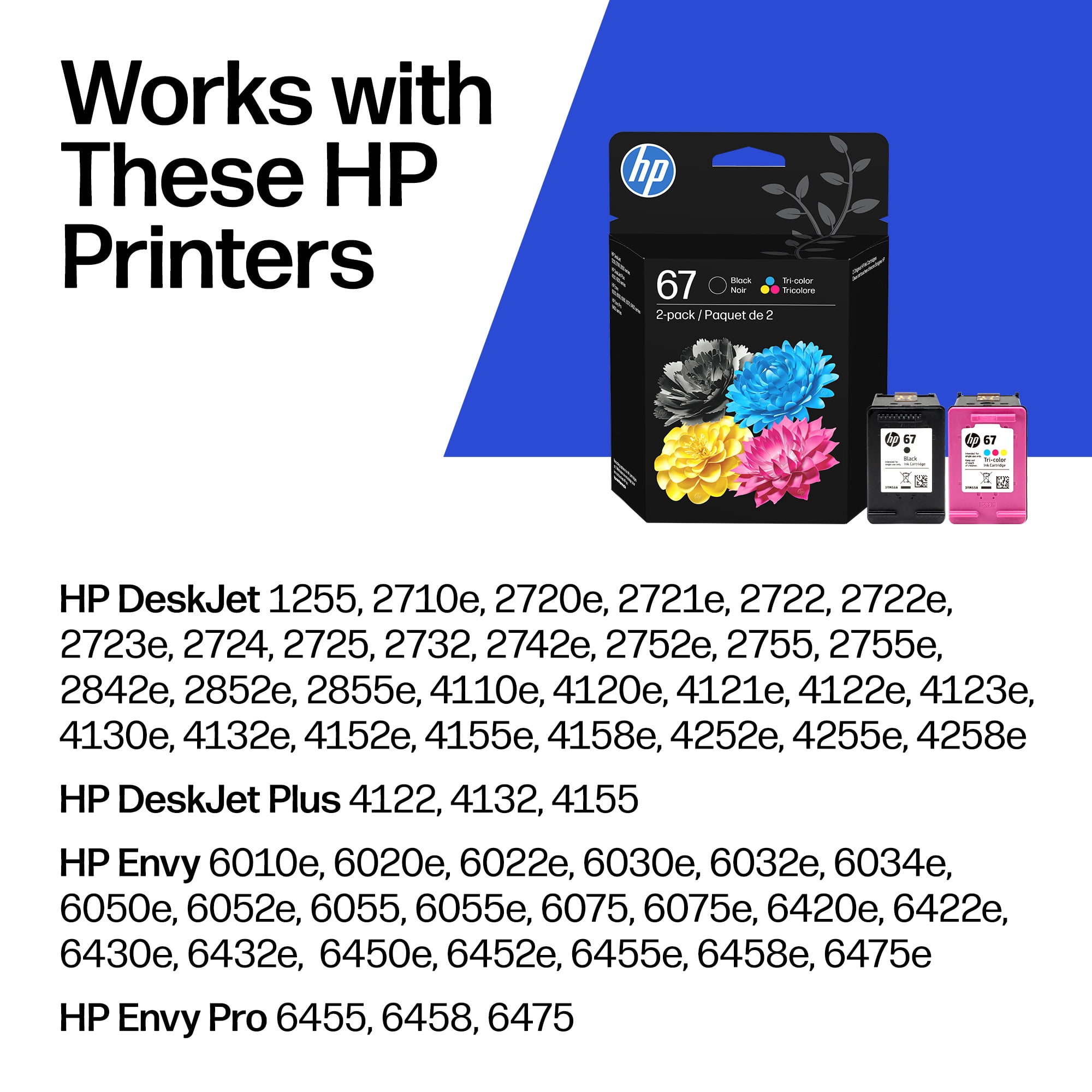 HP 67 - Lot de 2 - Noir, Couleur (cyan, magenta, Jaune) - original - Cartouche d'Encre - pour Deskjet 27XX, 28XX, 41XX, 42XX; Deskjet Plus 41XX; ENVY 60XX, 64XX; ENVY Pro 64XX