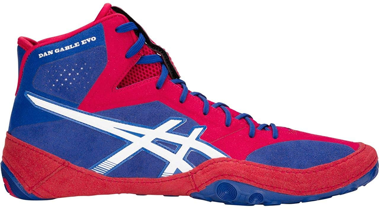 asics red white and blue wrestling shoes