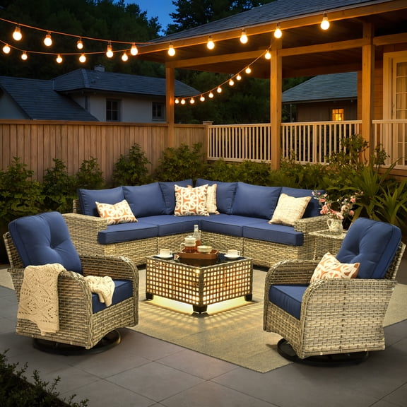 XIZZI 9-Piece Outdoor Patio Sectional Furniture Sets, Wicker Patio furniture with Coffee Table and Swivel Chairs, Waterproof Outdoor Conversation Set for Balcony, Porch, Backyard, Navy Blue