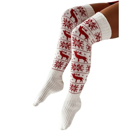 

Qiylii Women s Christmas Thigh High Socks Snowflake Pattern Knit Stockings
