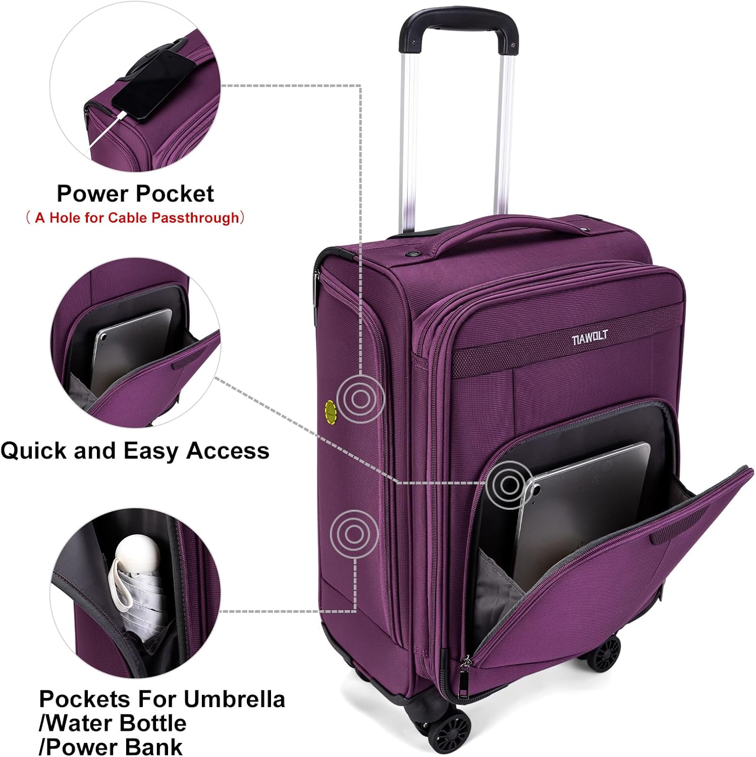 TIAWOLT Carry on Suitcase 22x14x9 Airline Approved,20 inch Lightweight Suitcases with 360° silent swivel wheels, TSA Lock and Compartment, Large Capacity travel Suitcase-Purple