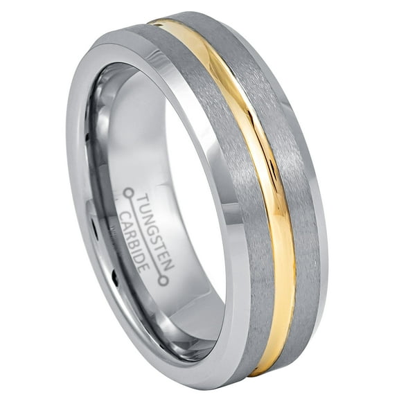 Jewelry Avalanche 2-Tone Mens Tungsten Wedding Ring, Gold Grooved Center, Comfort Fit, Anniversary Ring for Him 7mm