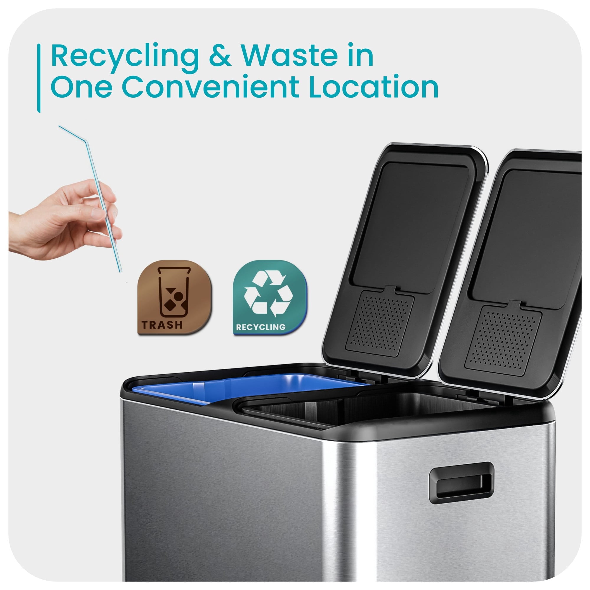 Home Zone Living 16 Gallon Stainless Steel Dual Trash and Recycling Can with Removable Liners and Soft Close Lids, Silver