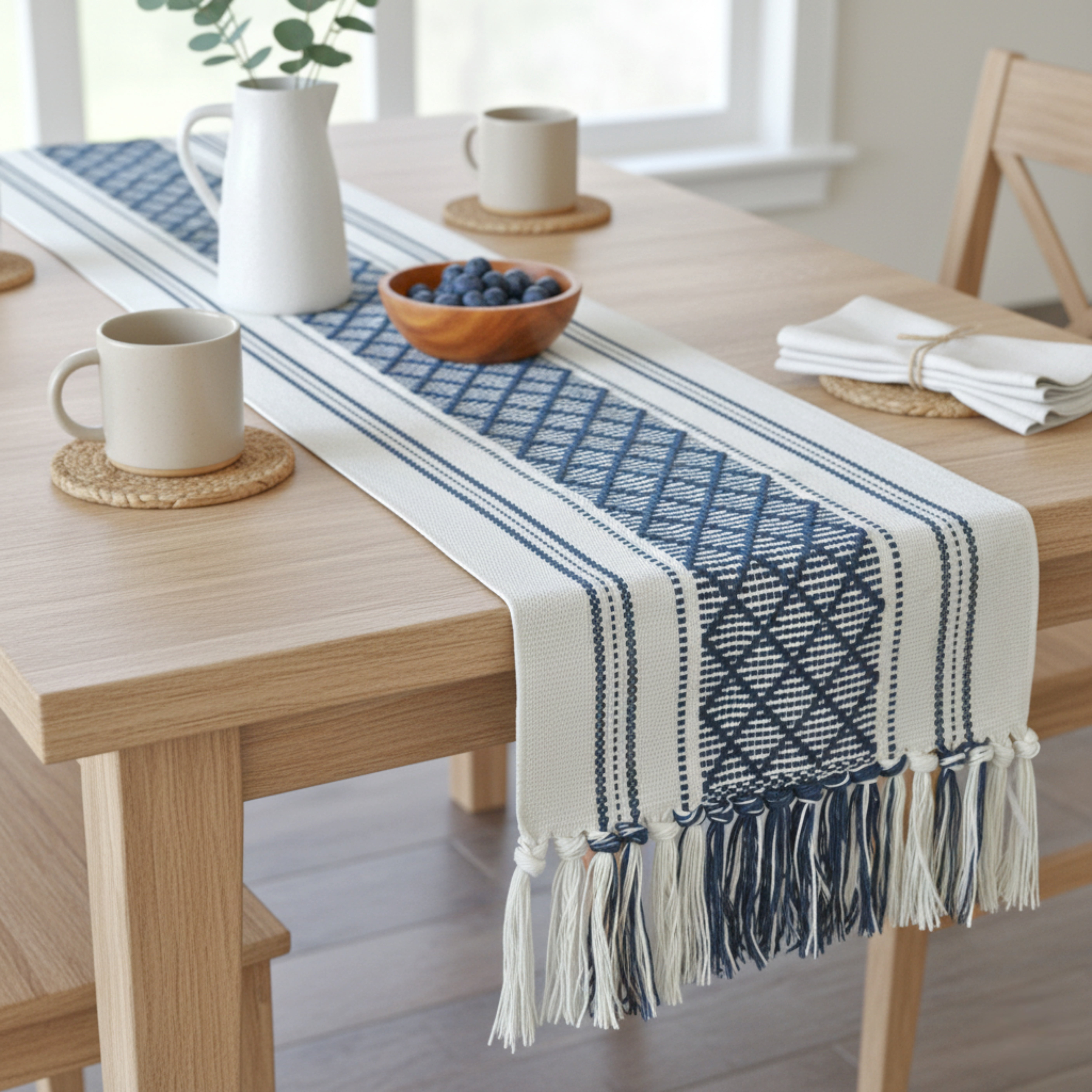 Boho Dining Table Runner with Tassel Fringe 14 x 72 Inches, Navy Blue & Cream | Farmhouse Style Woven Dresser Scarf / Designer Console Table Topper Cover