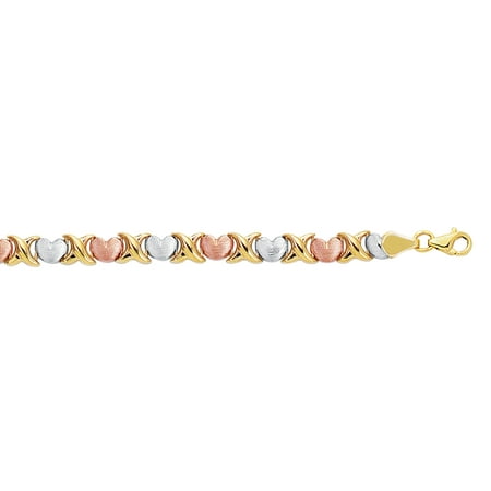 14K Yellow-White-Rose Gold Textured Shiny Tri Color Hugs+Kisses Bracelet with Pear Shape Clasp