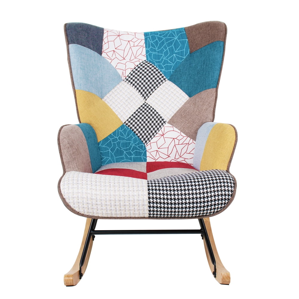 Resenkos Comfortable Relax Rocking Chair with Wood Legs and Patchwork Linen for Livingroom Bedroom,Colorful Resenkos Comfortable Relax Rocking Chair with Wood Legs and Patchwork Linen for Livingroom Bedroom,Colorful