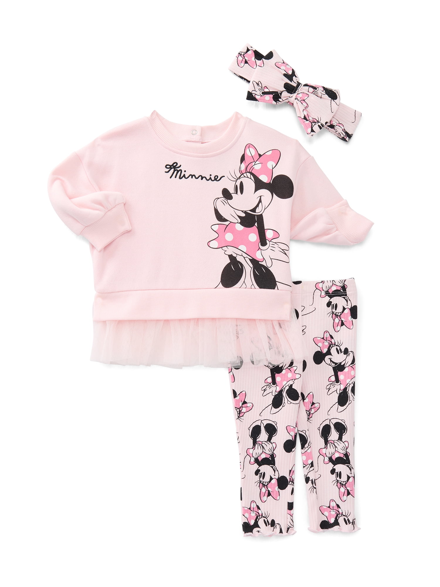 Disney Minnie Mouse Baby Girls Graphic Tulle Sweatshirt and Printed Leggings with Bow Headband Set, 3-Piece, Sizes 0/3M-24M