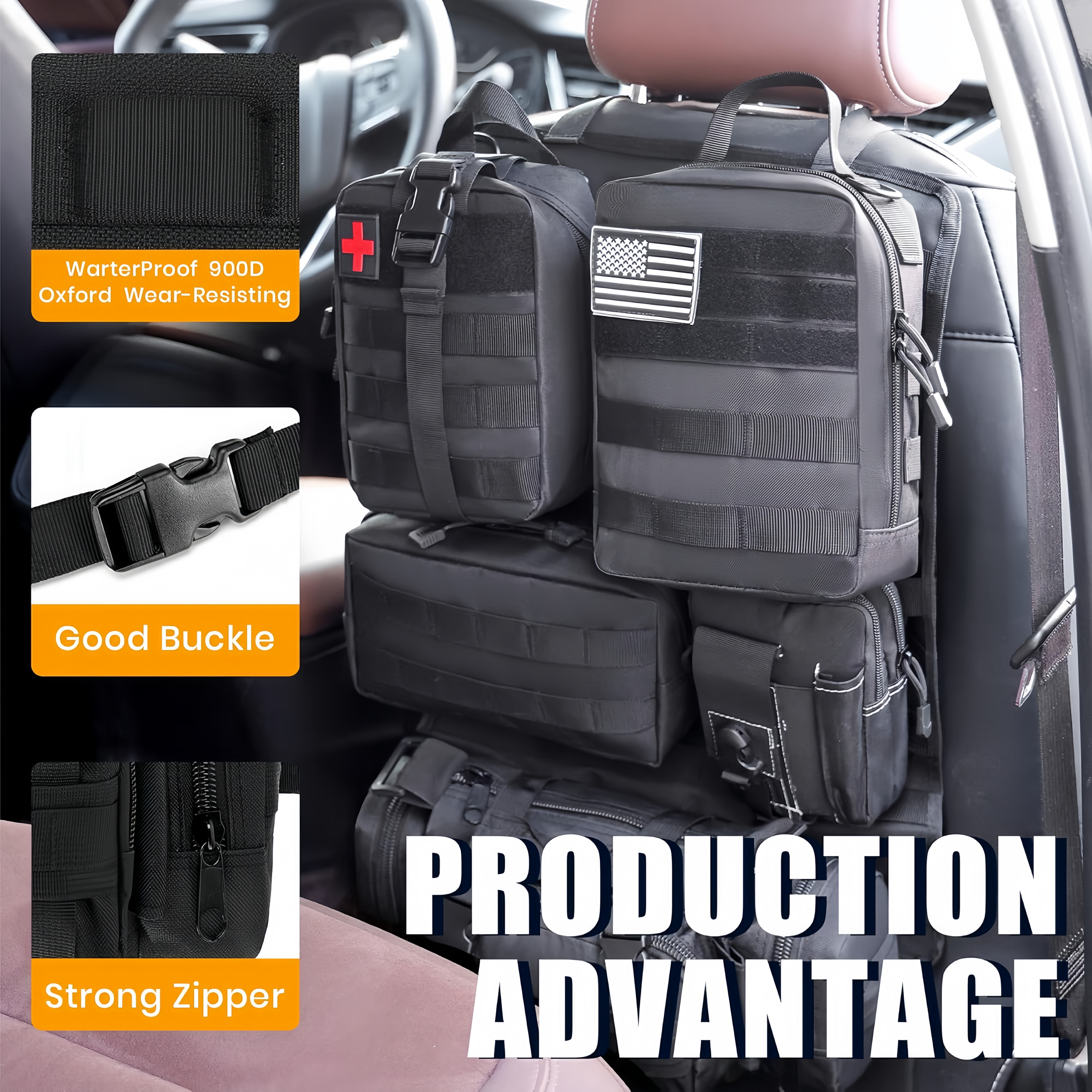 Universal Tactical Car Seat Back Organizer Bag,Molle Seat Back Organizer Panel with 5 Detachable Molle Pouches,Car Panel Organizer for Car Truck Ford Jeep Vehicle