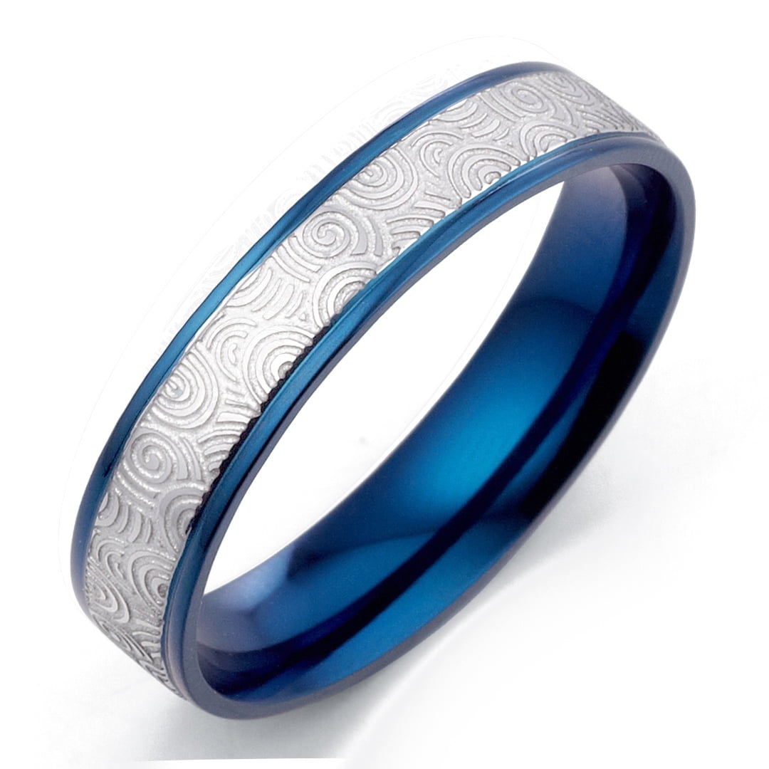 5 Gemini His & Her s Dome Blue Polish Promise Couple Wedding Titanium Ring Set Width 6mm & 4mm Men Ring Size 6 Women Ring Size