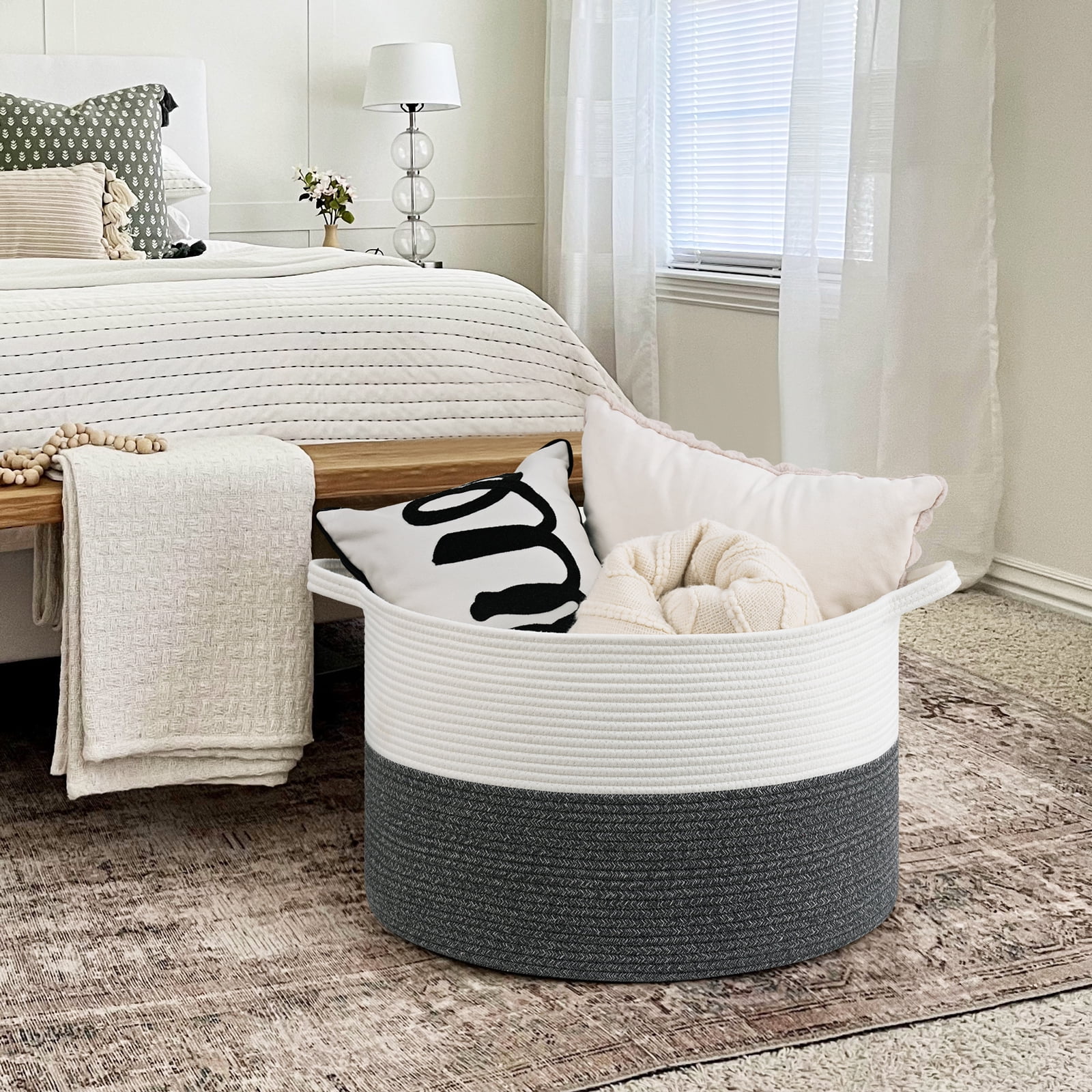 Timeyard Large Woven Laundry Hamper Basket - Decorative Storage Organizer for Living Room, Holds Toys Pillows Blankets Clothes - 21.7" x 21.7" x 13.8"-gray