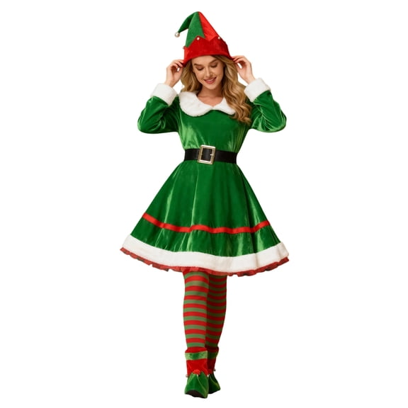 Women's Christmas Elf Costume Santa's Helper Costume Cute Doll Collar Dress with Stockings, Belt, Hat, Boots for Holiday Cosplay Party