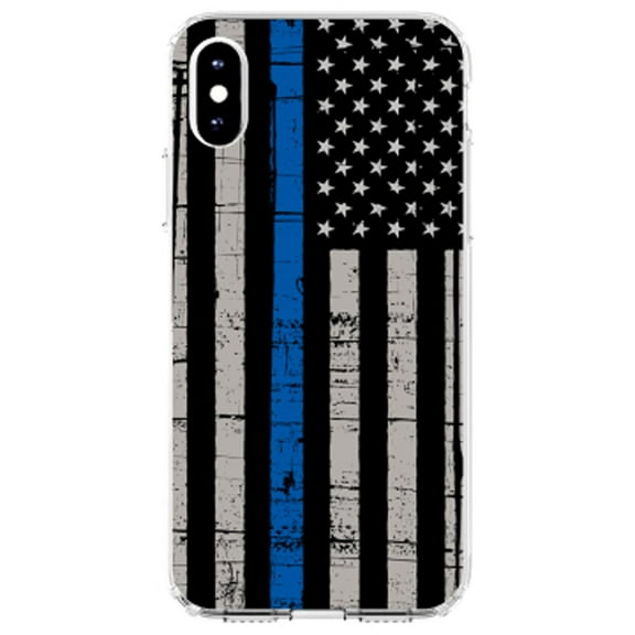 DistinctInk Clear Shockproof Hybrid Case for iPhone XR (6.1" Screen) - TPU Bumper, Acrylic Back, Tempered Glass Screen Protector - Weathered Thin Blue Line US Flag - First Responders