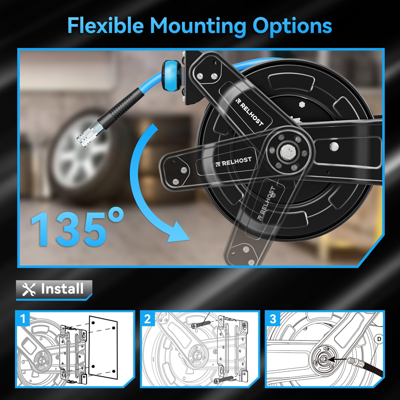 Relhost Retractable Air Hose Reel, 50 ft x 3/8 in Hybrid Air Hose Max 300PSI, Heavy Duty Air Compressor Hose Reel with Dual Arms, Auto Rewind, Ceiling/Wall Mount for Garage, Workshop, Home Studio