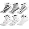 thumbnail image 6 of Bocaoying 6 Pairs Women's Ruffle Ankle Socks, Lettuces Crew Socks for Women with White and Black Accent, Combed Cotton Breathable Socks with Checkered & Stripe Patterns, Size 5-9, 6 of 8