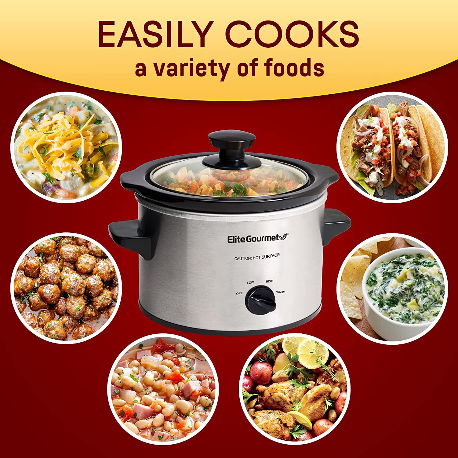 Elite Gourmet MST-250XS Electric Slow Cooker Ceramic Pot, Adjustable Temp, Entrees, Sauces, Stews & Dips, Dishwasher Safe Glass Lid & Crock, 1.5 Quart, Stainless Steel