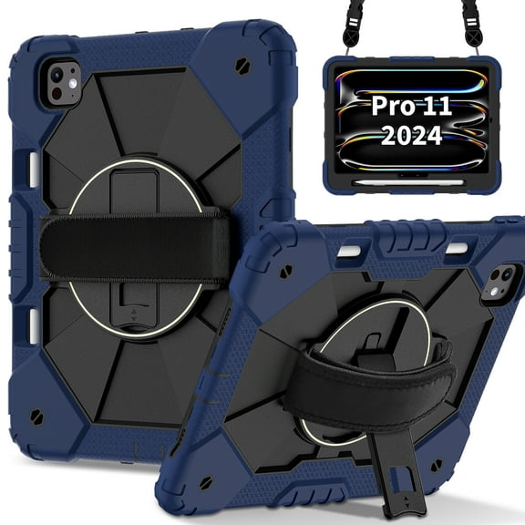 ELEHOLD Rugged Hybrid Case For iPad Pro 11 2024, with Built-in Kickstand 360° Rotating Handstrap Pencil Holder Crossbody Shoulder Strap Shockproof Heavy Duty Case, Navyblue Black