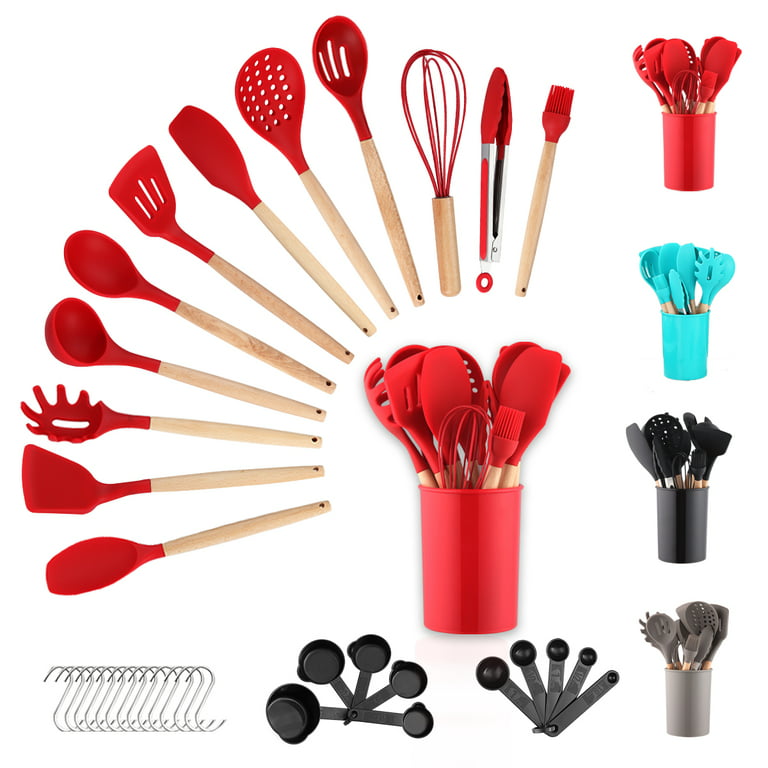 ReaNea Silicone Kitchen Utensils Set 38 Pieces and Utensil Holder (Red)
