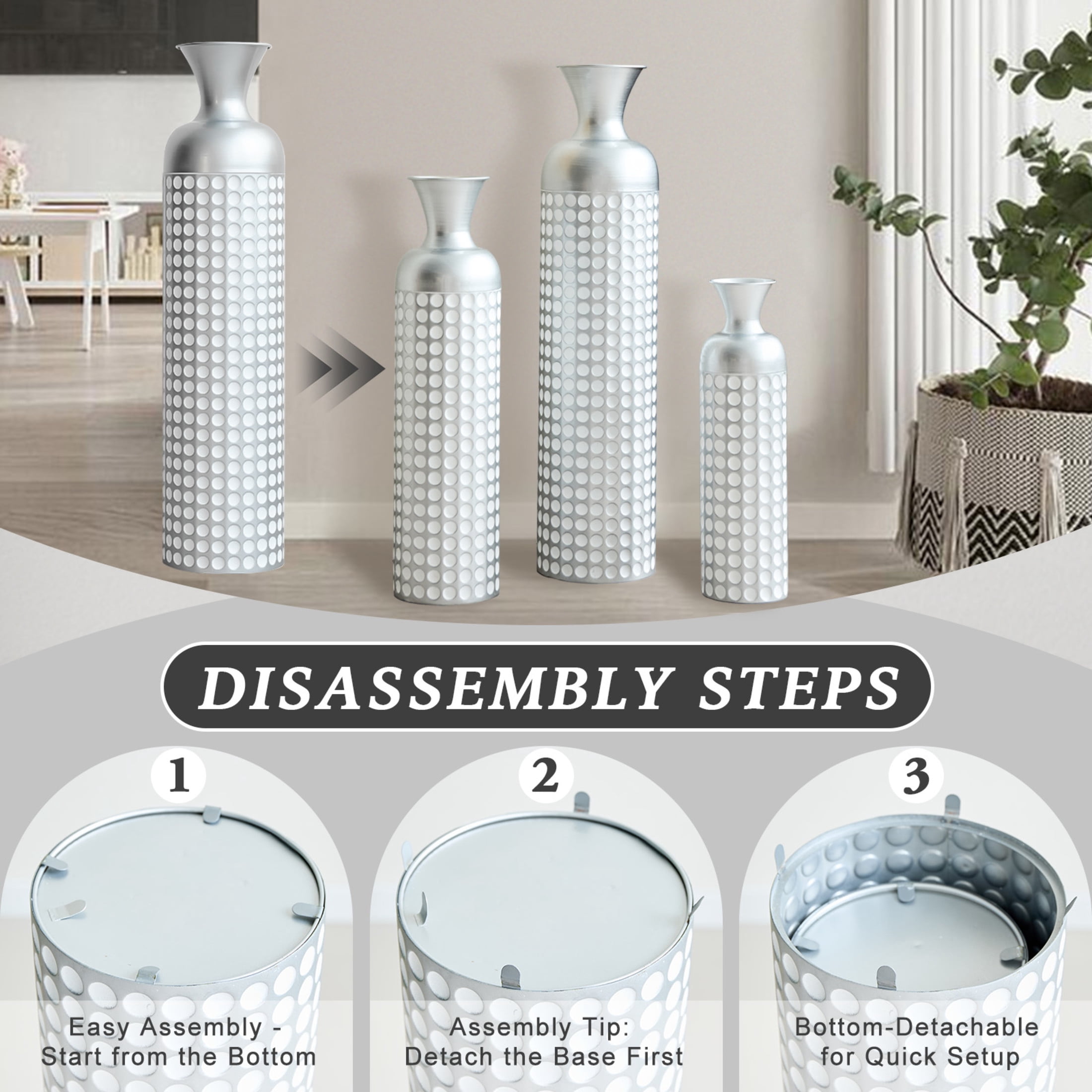 Noble House 3-Piece Metal Vase Set, 33.07", 25.98", 19.49" Nested Embossed Decorative Vases, Vintage Silver