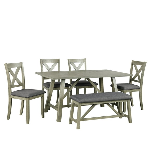 6 Piece Dining Table Set Wood Dining Table And Chair Kitchen Table Set With Table Bench And 4 Chairs Rustic Style Gray Walmart Com Walmart Com