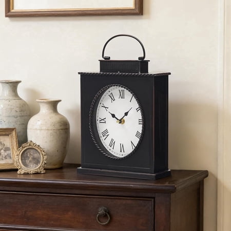 MODE HOME Vintage Metal Mantel Clock, Large Distressed Table Clock with Handle, Silent Non-Ticking Antique Decorative Shelf Clock for Living Room