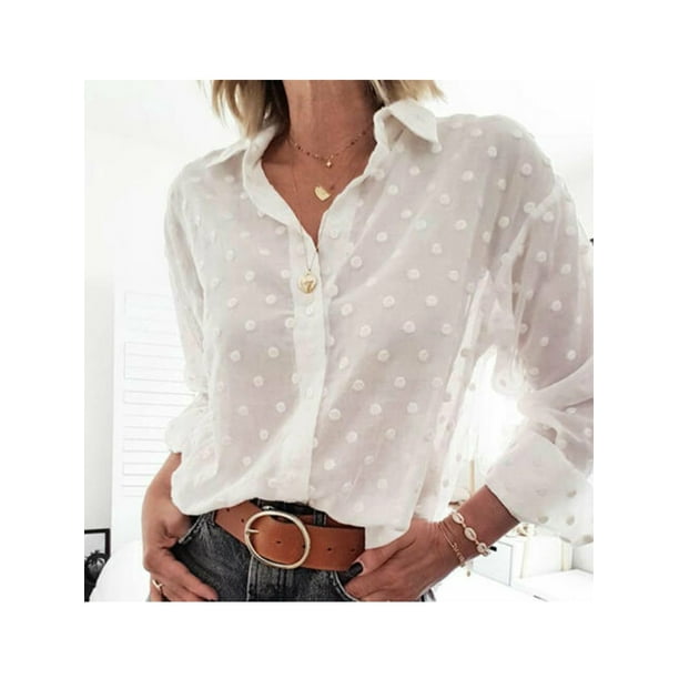 Qiylii Women's Mesh Sheer Polka Dot Blouse Long Sleeve Button Down