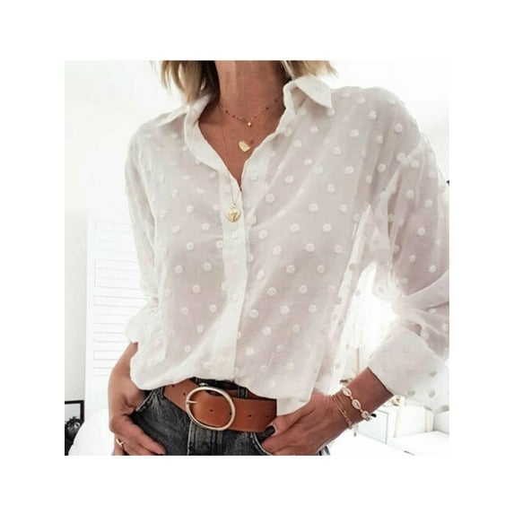 Qiylii Women's Mesh Sheer Polka Dot Blouse Long Sleeve Button Down Shirt Tops
