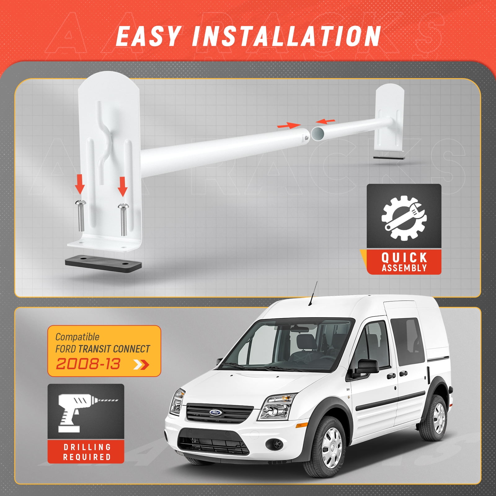 AA-Racks Model DX36 Ford Transit Connect 2008-13 Utility Three Bar Drilling Van Roof Ladder Rack Matte White (DX36-T-WHT-TR)