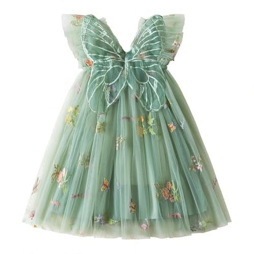 Pandaie Baby Girl Tulle Dress Flower Butterfly Wing Embroidery Sleeveless Romper Mesh Tutu Skirt Toddler Princess Birthday Party Dresses 4-5 Years Green