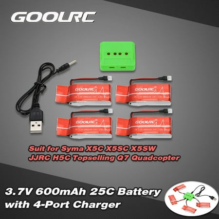 GoolRC 4Pcs 3.7V 600mAh 25C Lipo Battery and 4-Port Charger Set for Syma X5C X5SC X5SW JJR/C H5C Topselling Q7 Quadcopter QX80 QX90 QX95 100mm Micro Indoor (Best 4 Port Lipo Charger)