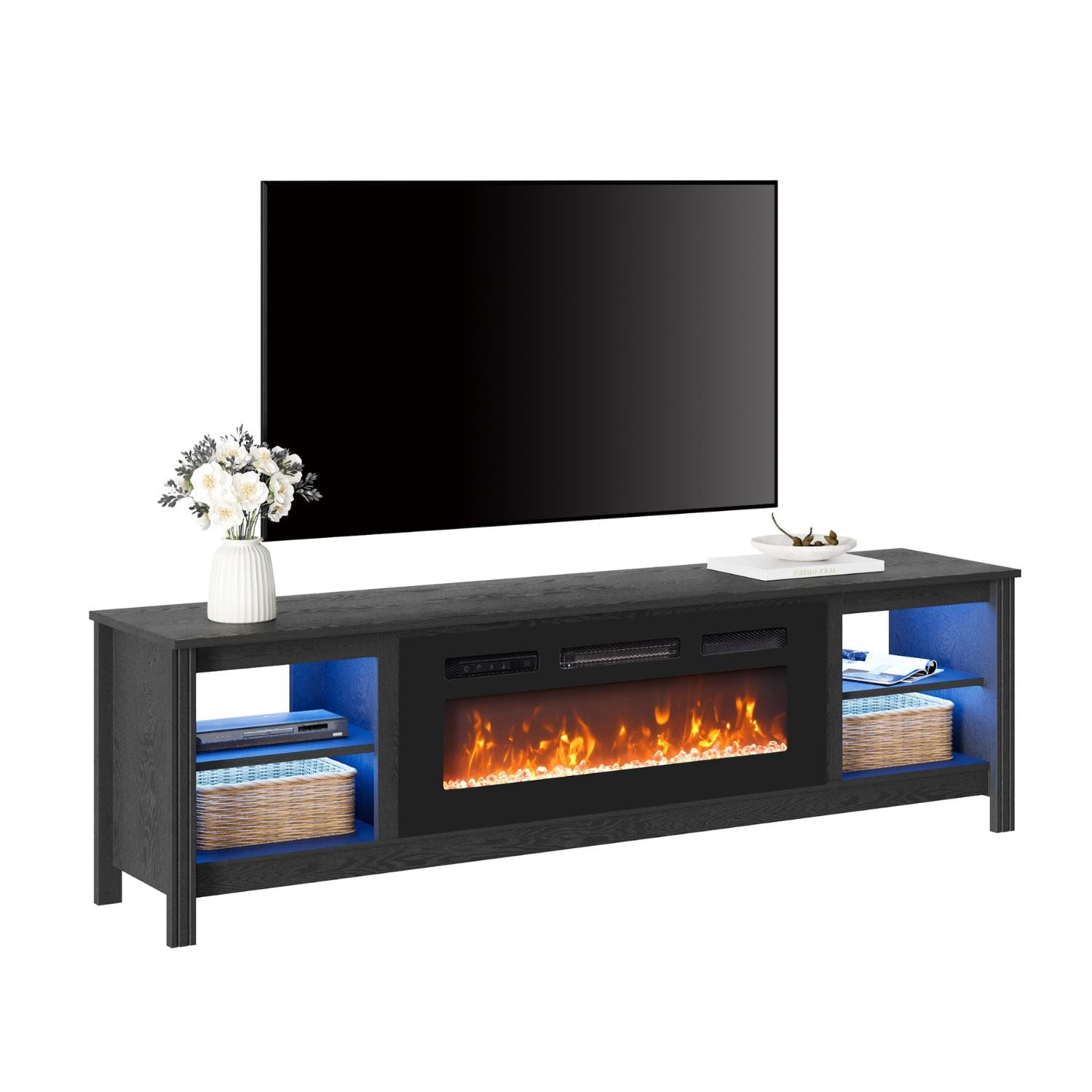 FITUEYES Farmhouse Fireplace TV Stand for 70 75 inch TV with 4 Storages, Wooden Entertainment Center with Electric Fireplace & 16 Colors LED Light, 70 Inch, Black