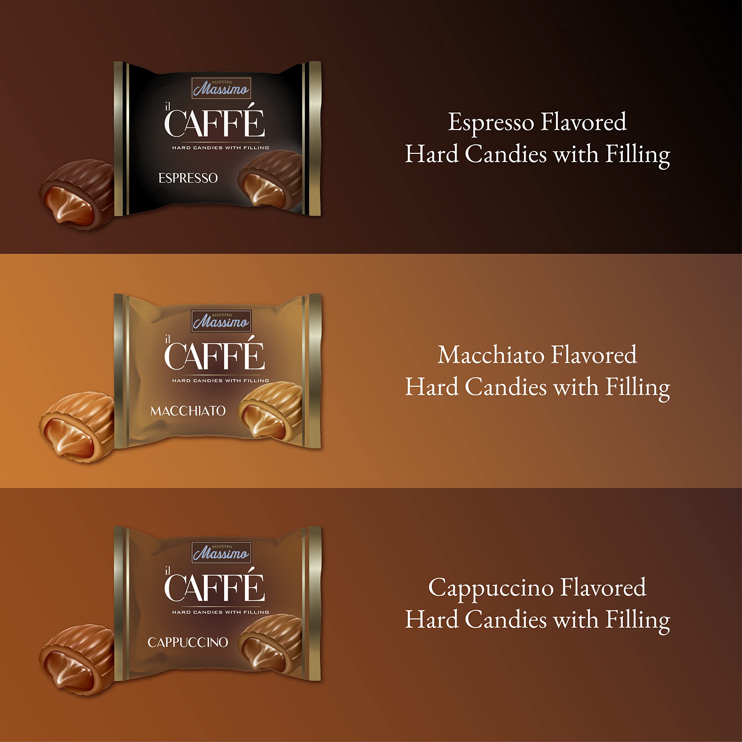 Maestro Massimo Hard Coffee Candy with Filling - Macchiato, Espresso, Cappuccino - Individually Wrapped - A Delightful Gift for Coffee Lovers (Pack of 1)