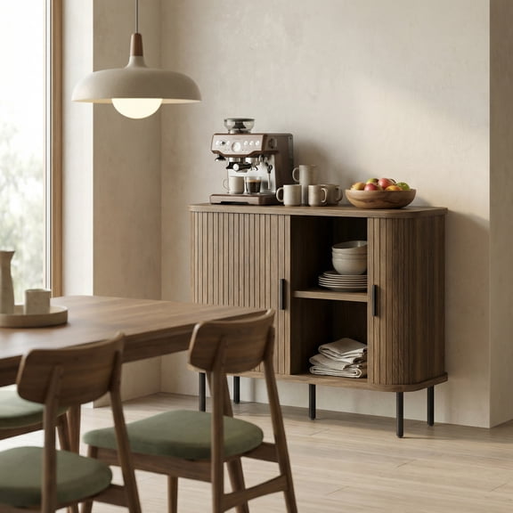 HOMCOM 35.4" Sideboard Buffet Cabinet with Storage, Nordic Coffee Bar Cabinet with Slatted Tambour Doors and Metal Legs, Walnut