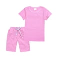 thumbnail image 2 of yuCgh Girls' 2-Piece Set Color Tee & Shorts Outfit, Summer Casual Playwear, Breathable Cotton Short Sleeve Top and Elastic Waist Shorts, Perfect for Outdoor Activities,Pink 120, 2 of 3