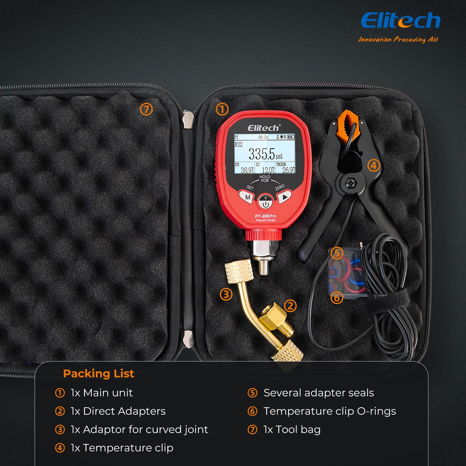 Elitech PT-800Pro Digital Pressure Gauge – High Pressure HVAC Refrigeration Manifold Gauge with Bluetooth, Temperature Clamp, and Leak Detection