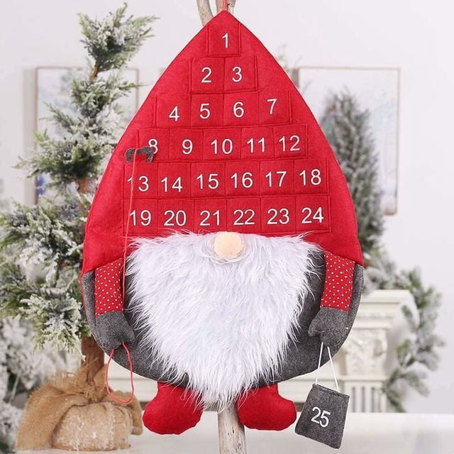Advent Calendar, Swedish Santa Claus Countdown Calendar with 24 Days Pockets, Reusable Hanging Advent Calendar for Christmas Decorations (Red)