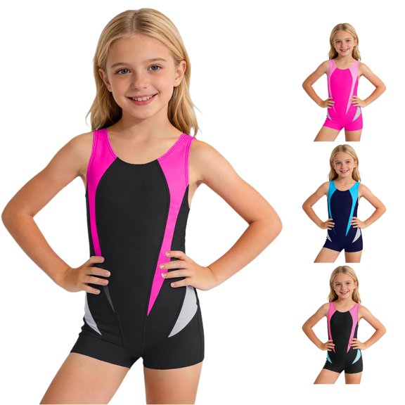 CUZIBR Toddler Girls One Piece Swimsuit Color Block Round Neck Sleeveless Jumpsuit Bodysuit Youth Bathing Summer Beach Pool Quickly Drying Fashionable Upf 50 Sport Swimwear,Grey,7-8 Years