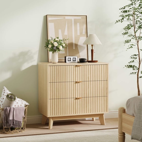 Qinaqin Mid Century Fluted Natural Madera 3 Cajón cm de Profundidadresser Chest Cajones
