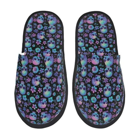 Balery Skull Flower Blue Slient Indoor Furry Fleece Comfort House Shoes Soft Non-Slip Home Shoes Cotton slippers House Slippers-- Large