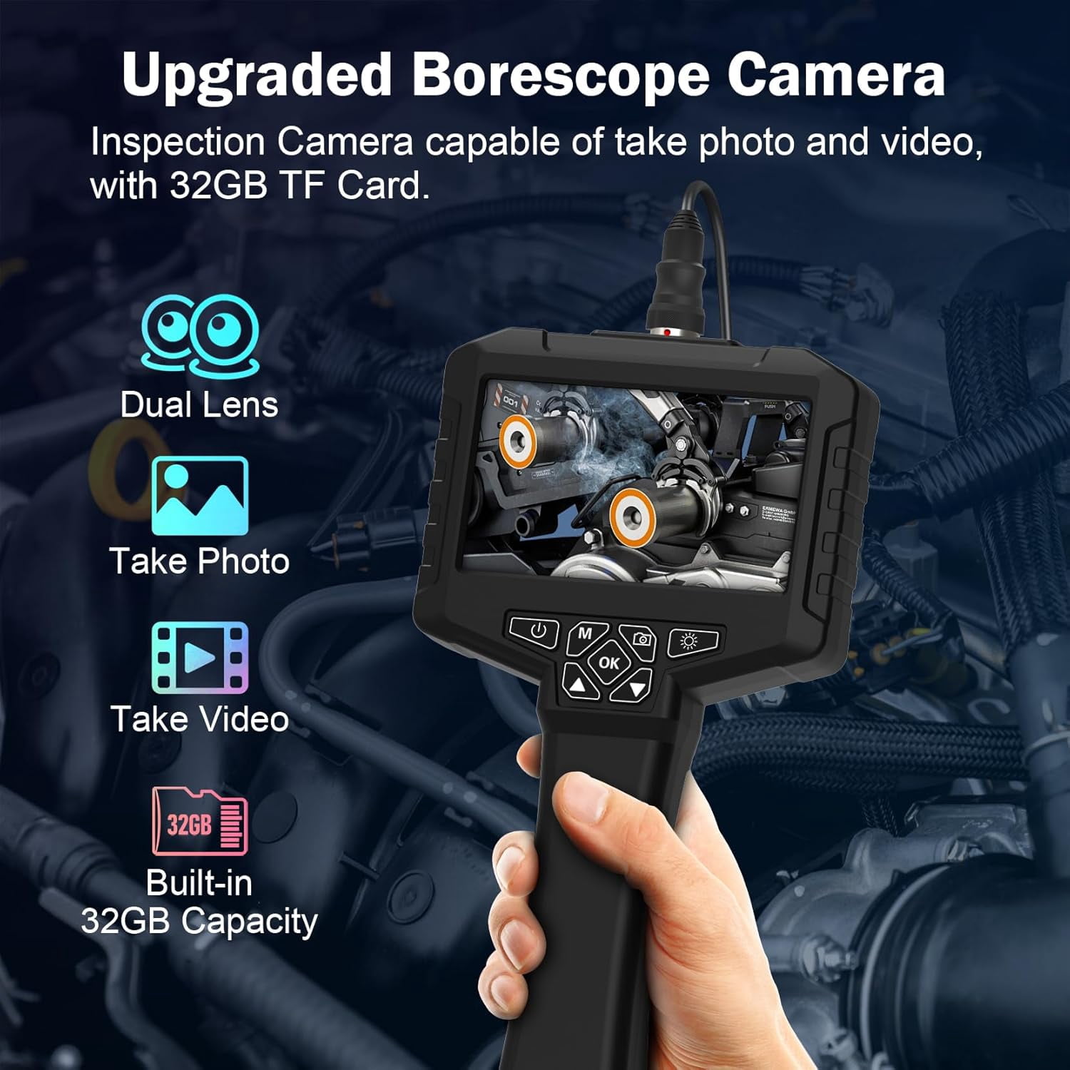 Binazon Dual Lens Borescope Camera With 32GB Card, Industrial Endoscope, 4.3" LCD Screen, 16.5ft 2000mAh