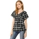 thumbnail image 1 of Blusa A Cuadros Cuello V Manga Corta Cintura Con Cordón Peplum Allegra K Negro L, 1 of 6