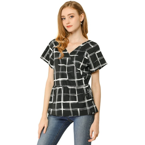 Blusa A Cuadros Cuello V Manga Corta Cintura Con Cordón Peplum Allegra K Negro L